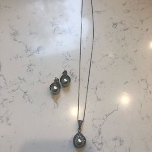Silver necklace & black pearl marcasite earring set